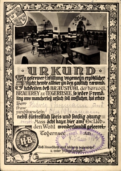 Postcard Tegernsee in Upper Bavaria, certificate for fulfilling the duty, brewery, beer, Hedis
