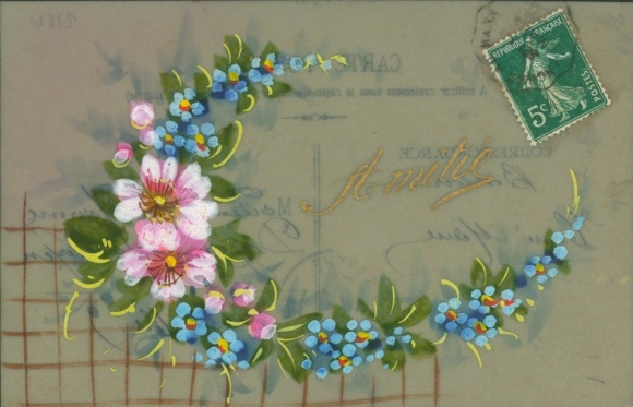 Celluloid Postcard Flowers, Forget-me-nots, Kitsch