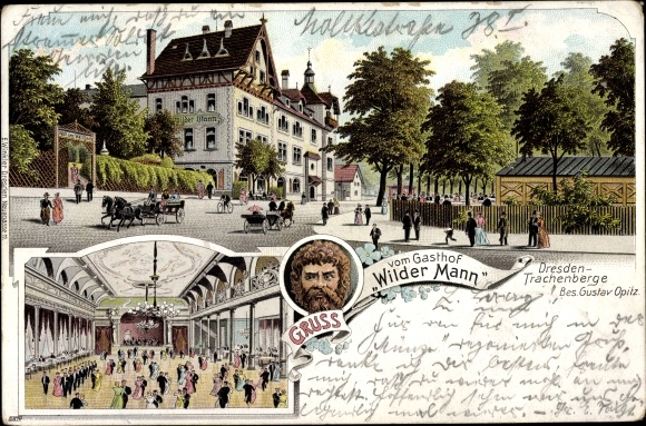 Chromo-Litho Dresden Pieschen Trachenberge, Gasthof Wilder Mann, hall