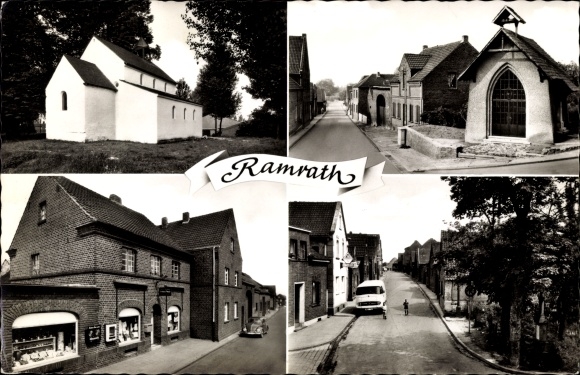 Ak Ramrath Rommerskirchen Noordrijn-Westfalen, gedetailleerde weergaven, kerk, winkel, straatgedeelte