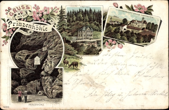 Chromo-Litho Hartenstein in the Ore Mountains of Saxony, Prince's Cave, Forester's House, Hartenstein Castle