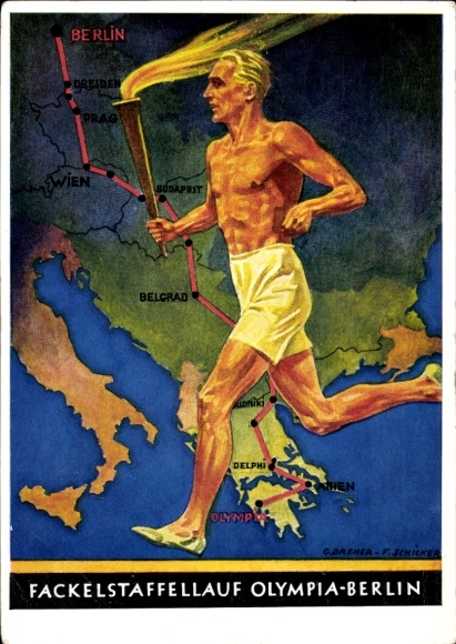 Artysta map KP Dreher, Schicker, sztafeta z pochodniami, Igrzyska Olimpijskie 1936, trasa biegacza z pochodniami