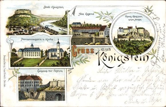 Litho Königstein an der Elbe Sächsische Schweiz, Stadtpanorama, Kirche