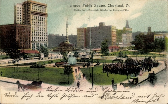 Cleveland, Ohio, VS, openbaar plein, fontein, menigte, stadsgezicht, gekleurd