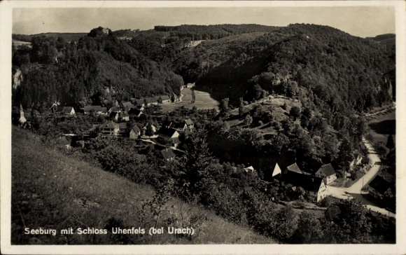 Postcard Bad Urach in the Swabian Alb Württemberg, landscape with Uhenfels Castle, forest, villages...