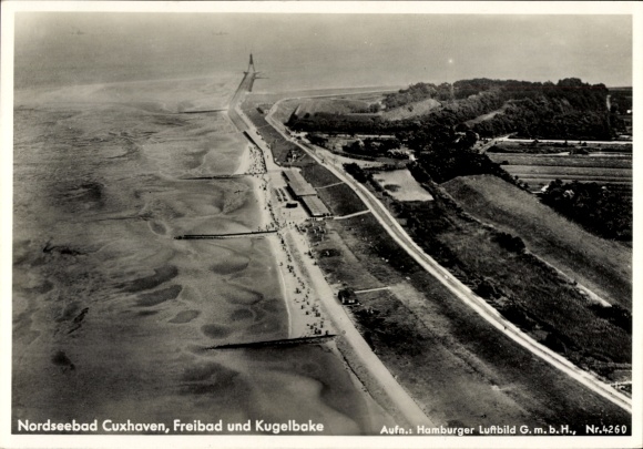 Postcard North Sea resort Cuxhaven, outdoor pool, Kugelbake, aerial photograph