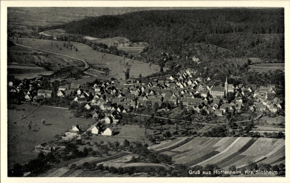 Postcard Hoffenheim Sinsheim in Baden, aerial view of church, rural surroundings