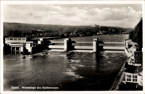 Postcard Margaretenmühle Essen Ruhr area, weir system of the Baldeneysee, landscape, hydraulic engineering