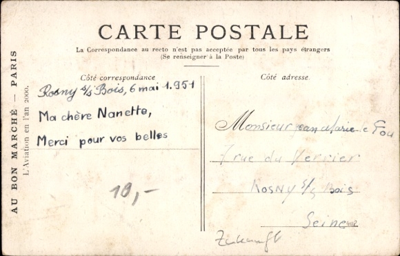 Future Postcard Delivery service in the year 2000, delivery service, airplane, Au Bon Marché, Paris, advertising
