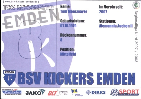 Karta z autografem piłkarza Toma Moosmayera, BSV Kickers Emden, autograf