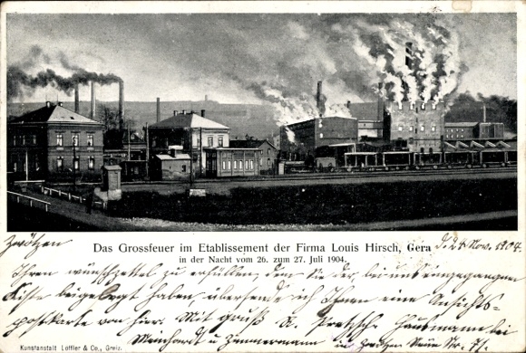 Ak Gera in Thüringen, Etablissement d. Firma Louis Hirsch, Großfeuer 26.-27.07.1904