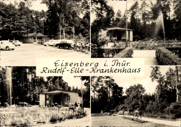Postcard Eisenberg in Thuringia, Rudolf-Elle Hospital, landscape photo, parking lot, forest