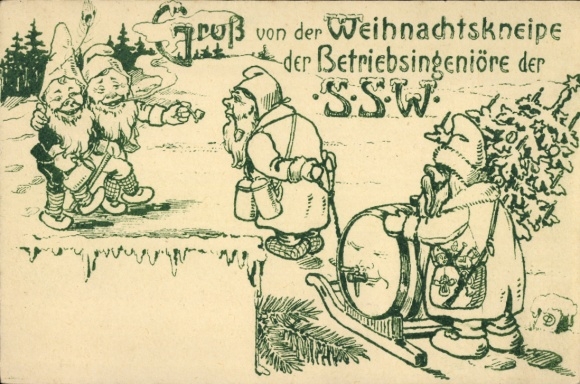 Postcard Dwarves pulling a beer barrel, greetings from the Christmas pub of the SSW industrial engineers
