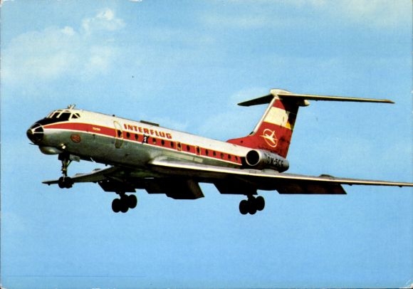Postcard German passenger aircraft Tupolew TU-134, Interflug, turbine jet airliner