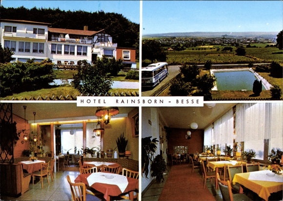Postcard Besse Edermünde in Hesse, Hotel Rainsborn, outdoor pool, bus