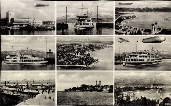 Friedrichshafen on Lake Constance, Zeppelin, ships, airplane, panorama with Alps, aerial view