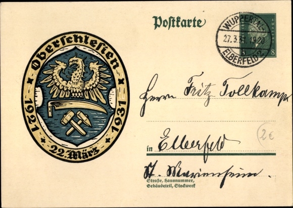 Postal stationery PC Upper Silesia, March 22nd, 1921 to 1931, coat of arms, 8 pfennigs