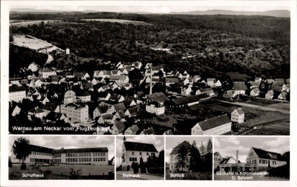 Postcard Wernau am Neckar, aerial photograph, schoolhouse, town hall, castle, grocery store
