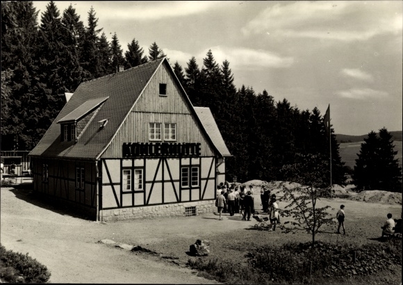 Postcard Sosa Eibenstock in the Ore Mountains, restaurant Köhlerhütte, half-timbered house