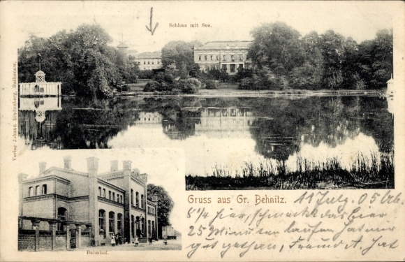 Ak Groß Behnitz Nauen im Havelland, Schloss mit See, Bahnhof