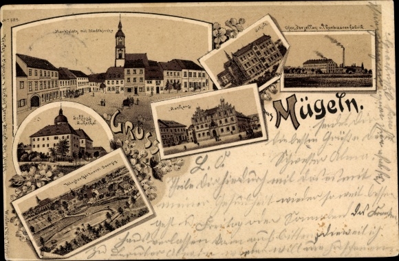 Chromo-Litho Mügeln District of Leipzig in northern Saxony, market, church, town hall, castle