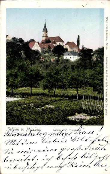 Ak Diera Zehren in Sachsen, Kirche mit Pfarrhaus, Emet Schumann Verlag, Bild von Zehren