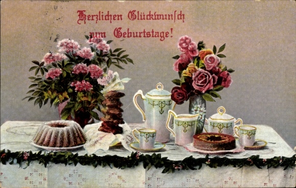 Postcard congratulations birthday, table, cups, teapot, flowers, cake
