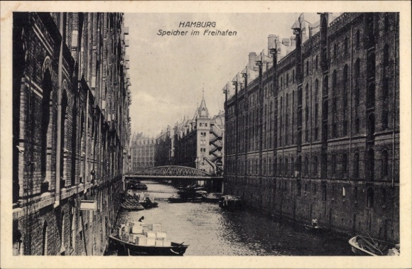 Ak Hamburg, pakhuizen, vrachtschepen, vrijhaven