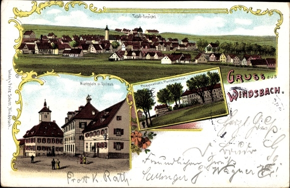 Litho Windsbach in Mittelfranken, Marktplatz, Rathaus, Gymnasium, Pfarrwaisenhaus, Totalansicht 