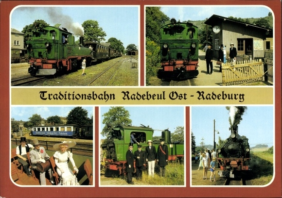 Postcard Deutsche Eisenbahn, traditional railway Radebeul Ost-Radeburg, train crew in historical uniforms