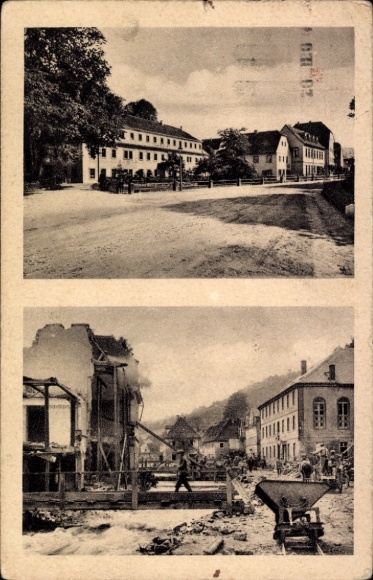 Ak Berggießhübel in Saksen, hoofdstraat voor en na storm 1927, overstroming