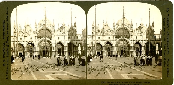 Stereofoto Venezia Venetië Veneto, de Sint-Marcuskerk en het San Marcoplein