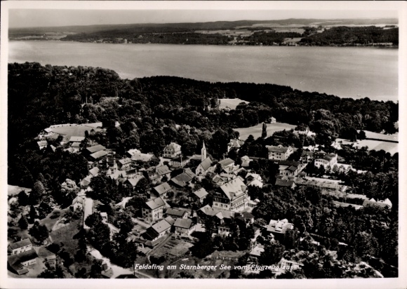 Postcard Feldafing am Starnberger See Upper Bavaria, aerial view of Feldafing am Starnberger See, many
