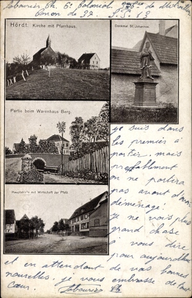 Postcard Hördt in the Palatinate, church, monument, department store Berg, main street, economy to the Palatinate