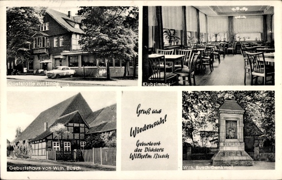 Postcard Wiedensahl Lower Saxony, Restaurant zur Linde, Club Room, Birthplace and Wilhelm Busch Monument