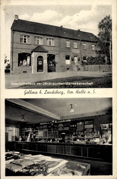 Postcard Gollma Landsberg Saalekreis, business premises of the consumer cooperative, distribution point I