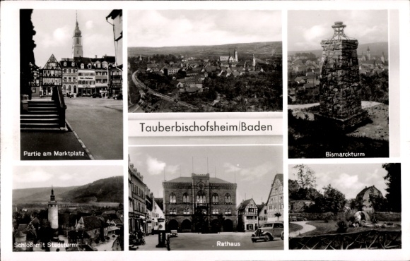 Tauberbischofsheim Baden, Bismarck Tower, Castle with City Tower, Town Hall, Market Square