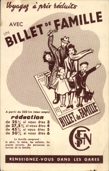 Ansichtkaart Franse Spoorwegen, familiekaartje, reclame, SNCF