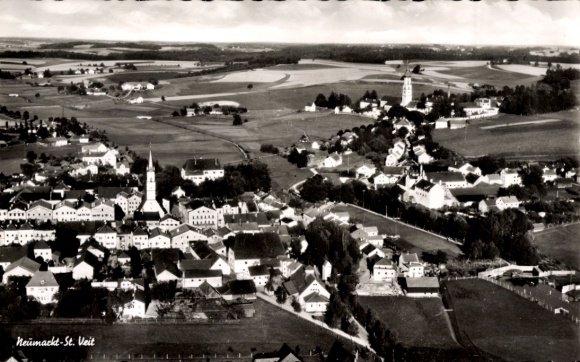 Postcard Neumarkt Sankt Veit an der Rott Upper Bavaria, aerial photograph of green landscape, churches, residential buildings