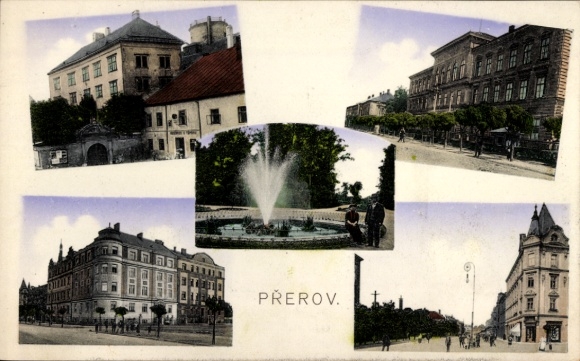 Ak Přerov Prerau Olomouc-regio, officieel gebouw, fontein