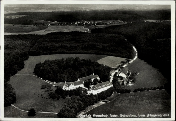 Postcard Krumbach in Swabia, Krumbad, aerial view of the spa town, landscape with forests and fields
