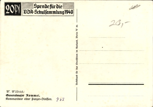 Artist Postcard Willrich, Wolfgang, Major General Rommel, Knight's Cross recipient, Panzer Division, VDA