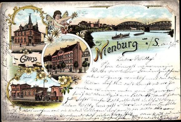 litho Nienburg an der Saale, postkantoor, openbare school, treinstation, panorama