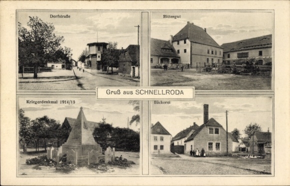Ak Schnellroda Steigra in Saalekreis, dorpsstraat, landhuis, oorlogsmonument 1914/18, bakkerij