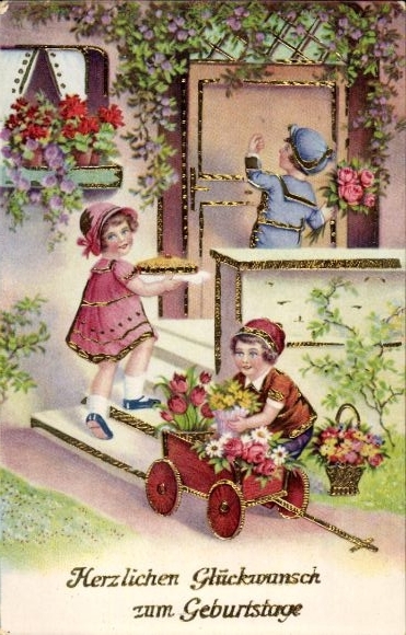 Glitzer Ak Glückwunsch Geburtstag, Kinder, Blumen