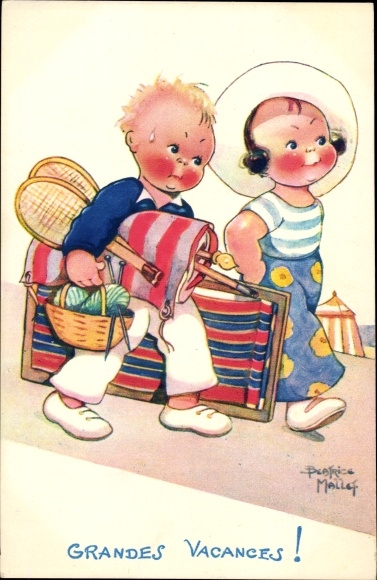 Artist Postcard Mallet, Beatrice, Grandes Vacances, Boy carrying luggage, tennis racket