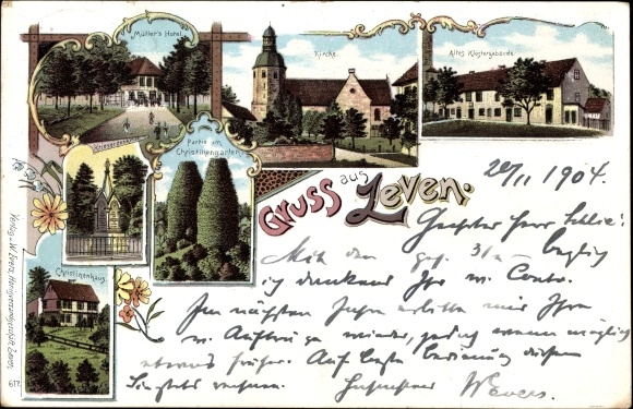 Chromo-Litho Zeven in Lower Saxony, Christinengarten, church, monastery building, Müller&#39;s Hotel, Christinenhaus