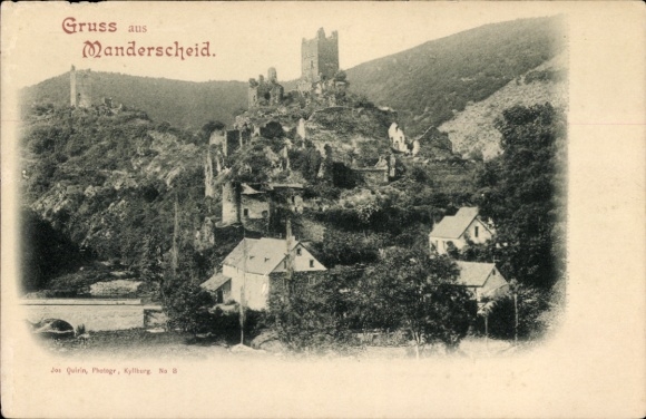 Ak Manderscheid in der Eifel, Schlossruine, Häuser, Fluss, Schwarz-Weiß-Foto