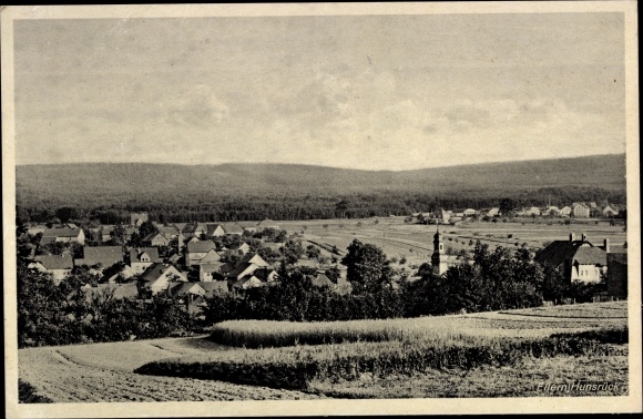 PC Ellern im Hunsrück, total view of the village with surroundings, forest, fields, church tower