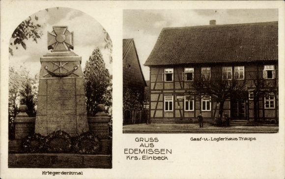 Postcard Edemissen in Lower Saxony, war memorial, guesthouse Logierhaus Traupe